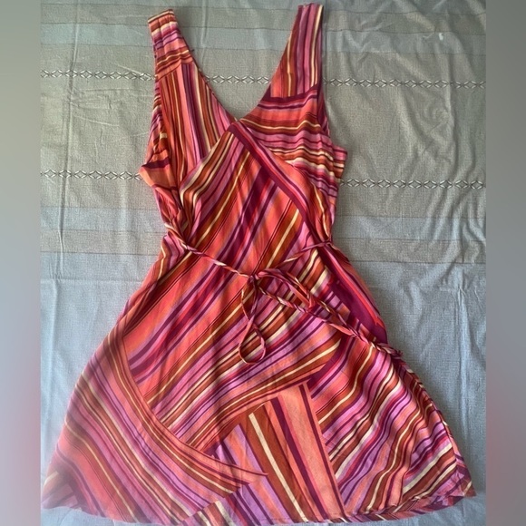 Wild Fable Sleeveless Orange Yellow Pink Striped Tie Back V-Neck Mini Dress M - Picture 6 of 13
